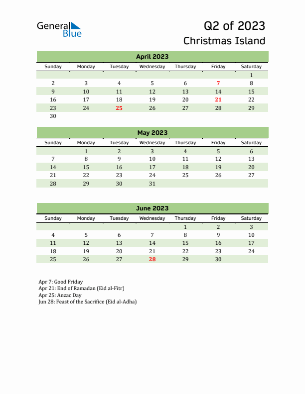 Quarterly Calendar 2023 with Christmas Island Holidays