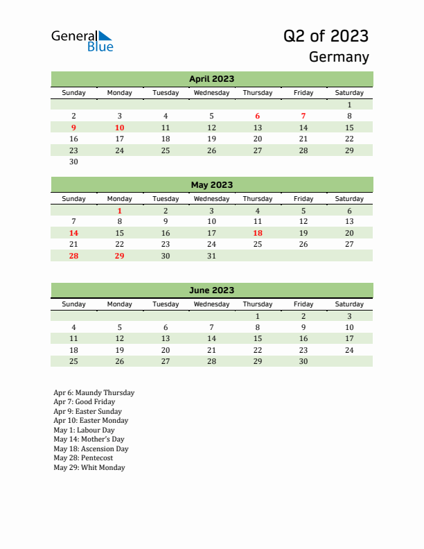 Quarterly Calendar 2023 with Germany Holidays