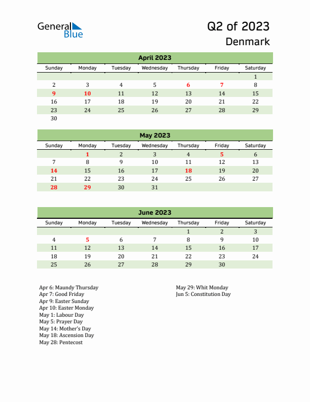 Quarterly Calendar 2023 with Denmark Holidays