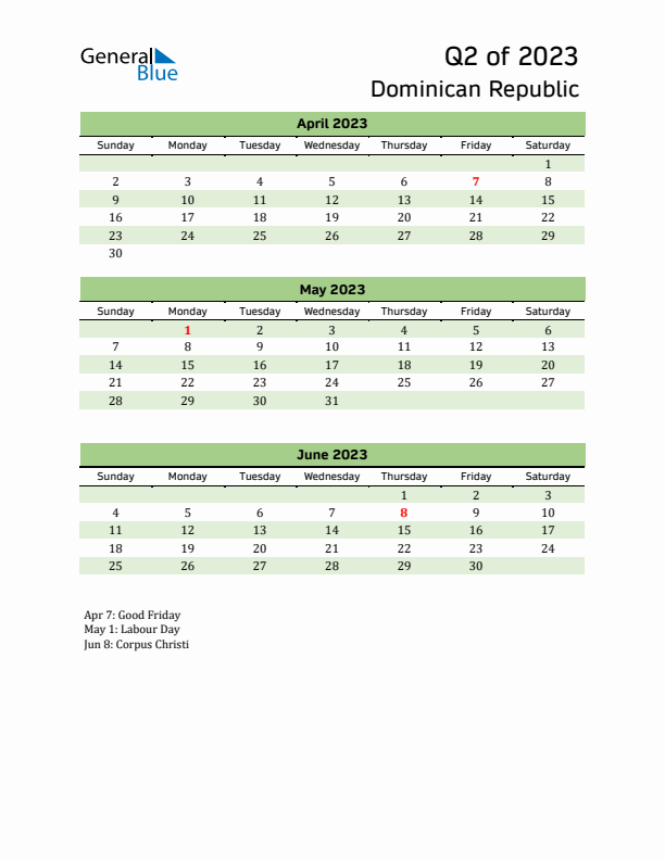 Quarterly Calendar 2023 with Dominican Republic Holidays