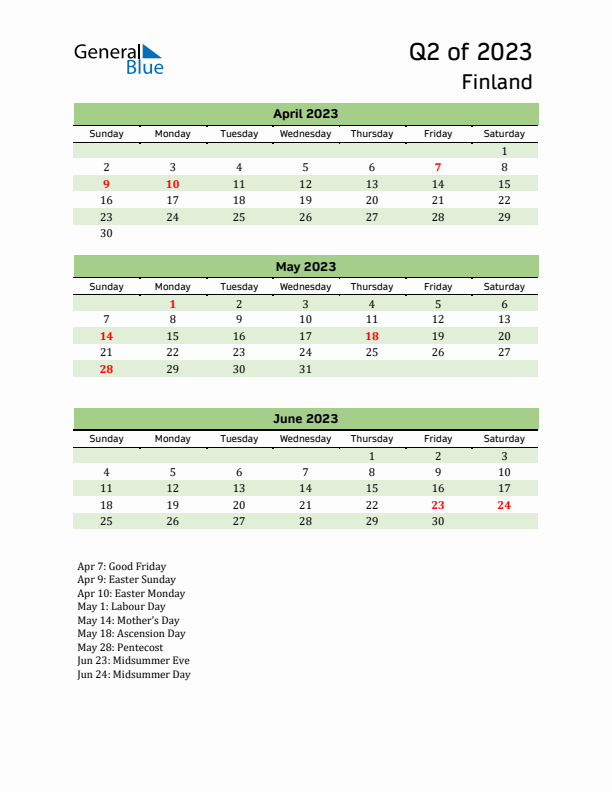 Quarterly Calendar 2023 with Finland Holidays