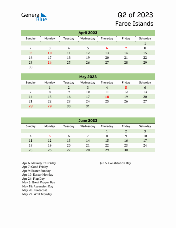 Quarterly Calendar 2023 with Faroe Islands Holidays