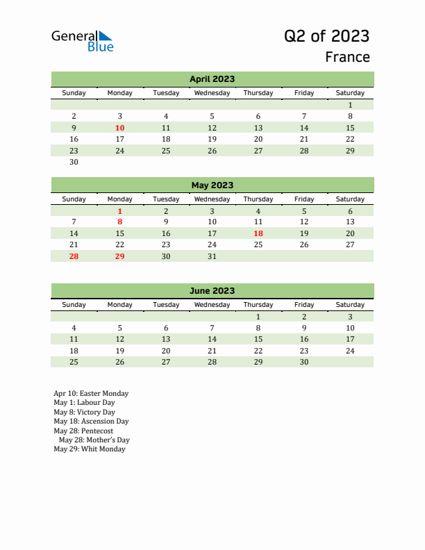 Quarterly Calendar 2023 with France Holidays