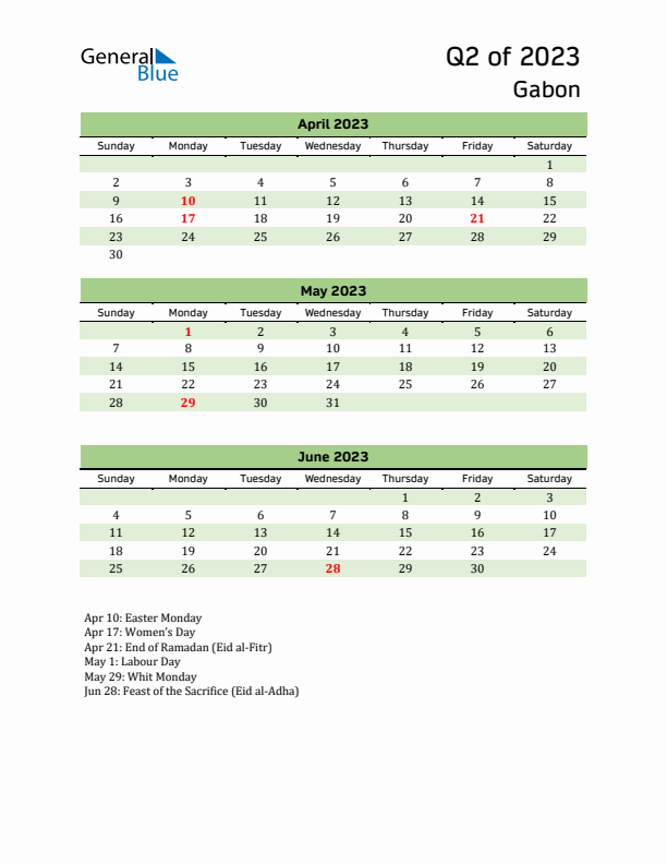 Quarterly Calendar 2023 with Gabon Holidays