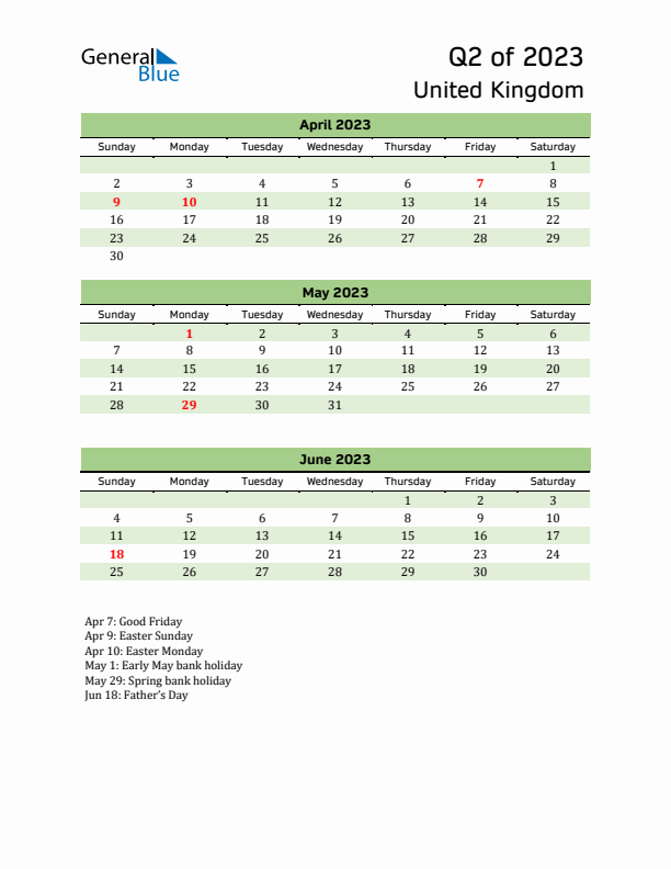 Quarterly Calendar 2023 with United Kingdom Holidays