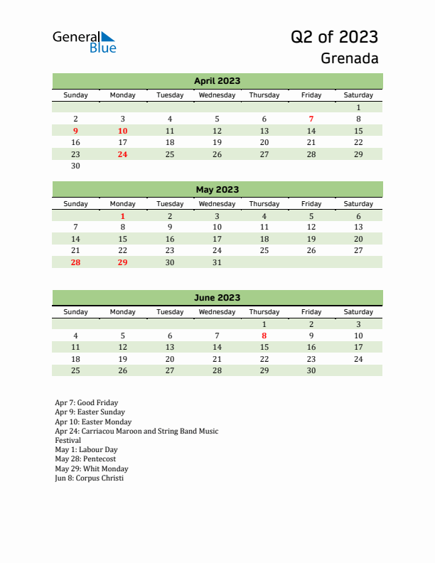 Quarterly Calendar 2023 with Grenada Holidays