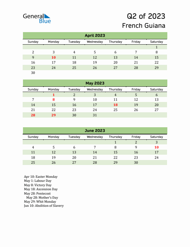 Quarterly Calendar 2023 with French Guiana Holidays