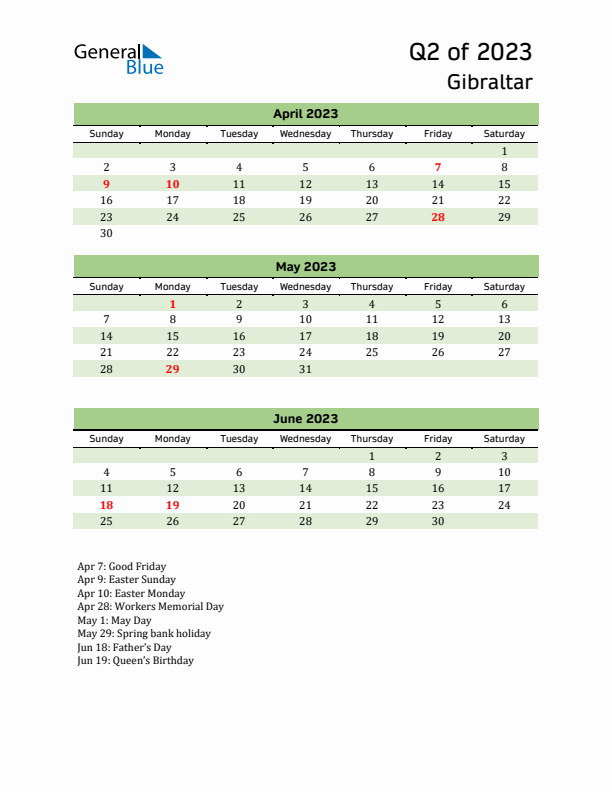 Quarterly Calendar 2023 with Gibraltar Holidays