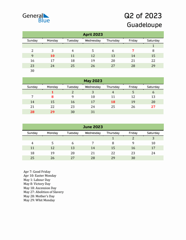 Quarterly Calendar 2023 with Guadeloupe Holidays