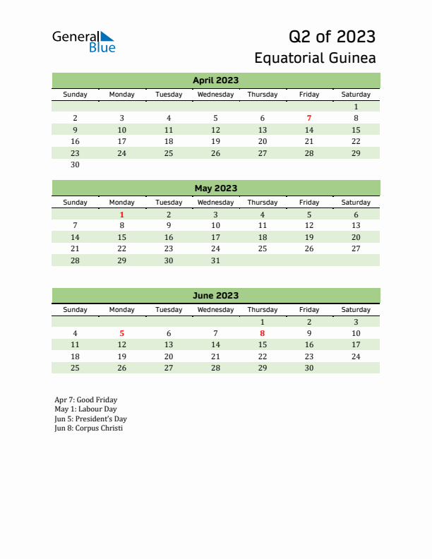 Quarterly Calendar 2023 with Equatorial Guinea Holidays