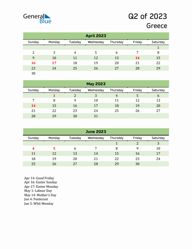 Quarterly Calendar 2023 with Greece Holidays