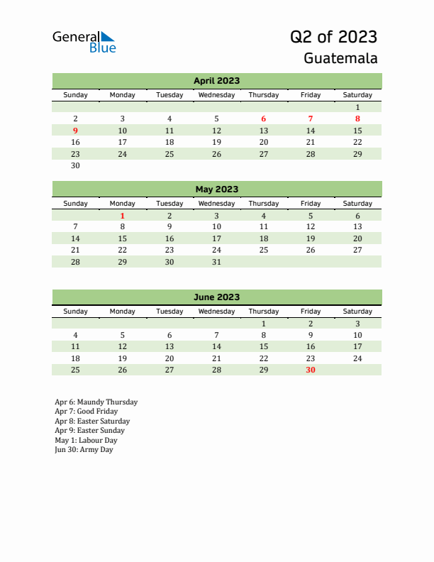 Quarterly Calendar 2023 with Guatemala Holidays