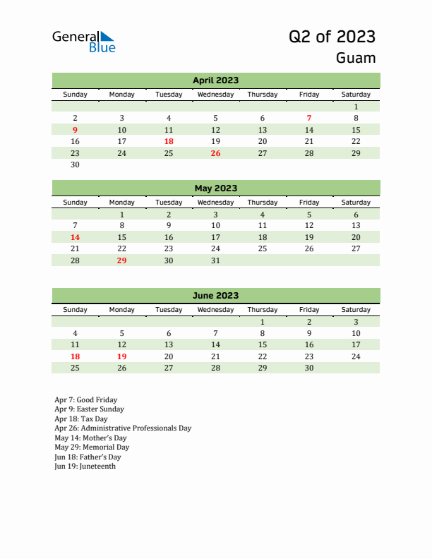 Quarterly Calendar 2023 with Guam Holidays