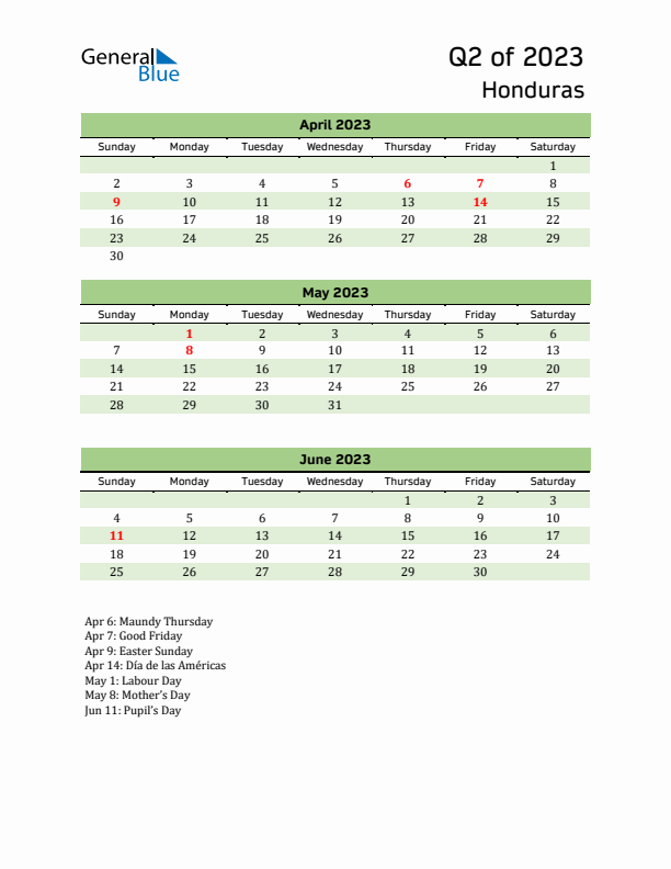 Quarterly Calendar 2023 with Honduras Holidays