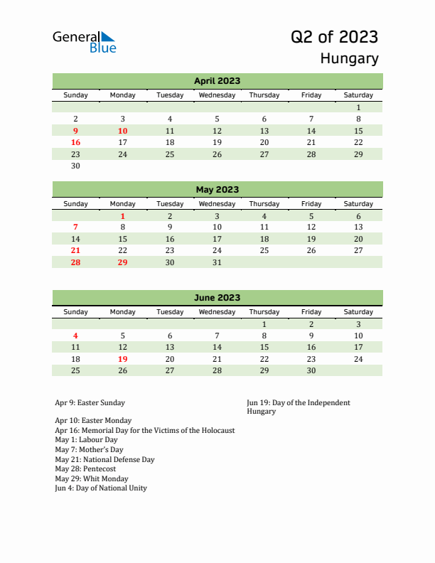 Quarterly Calendar 2023 with Hungary Holidays