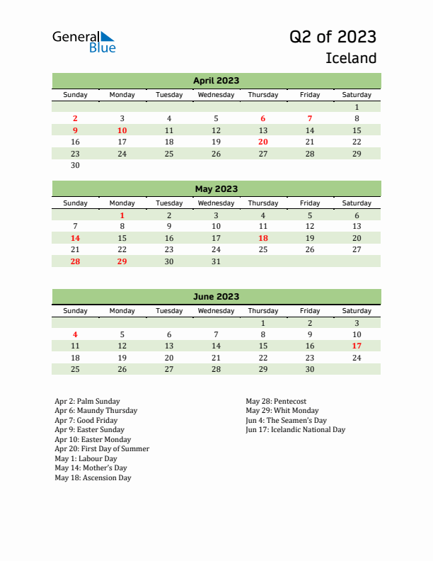 Quarterly Calendar 2023 with Iceland Holidays