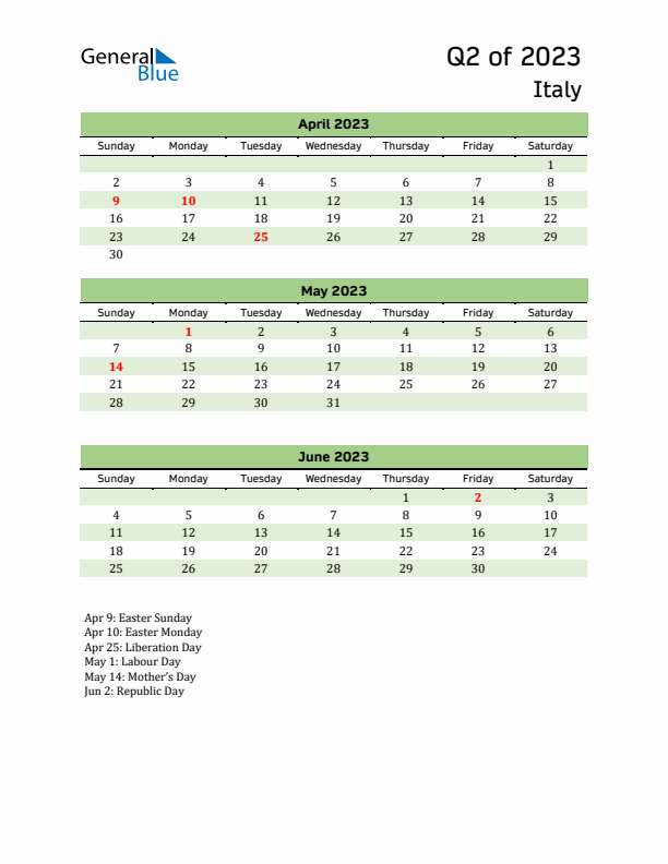 Quarterly Calendar 2023 with Italy Holidays