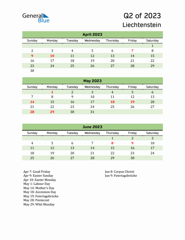 Quarterly Calendar 2023 with Liechtenstein Holidays