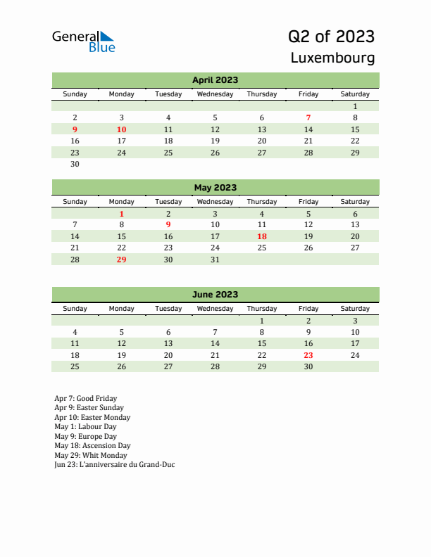 Quarterly Calendar 2023 with Luxembourg Holidays