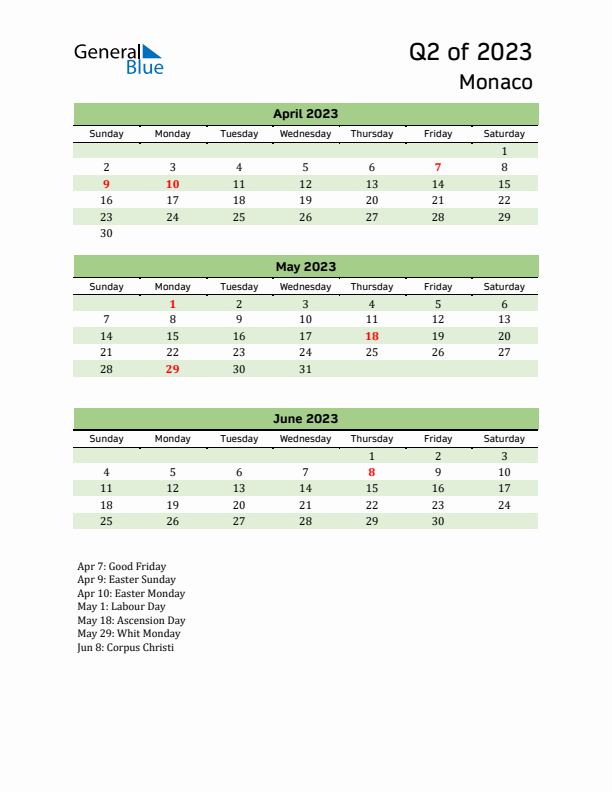 Quarterly Calendar 2023 with Monaco Holidays