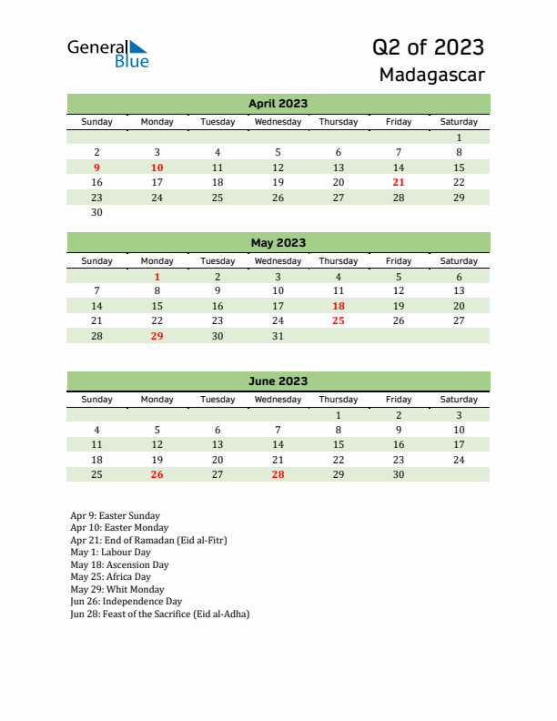 Quarterly Calendar 2023 with Madagascar Holidays