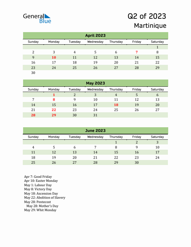 Quarterly Calendar 2023 with Martinique Holidays