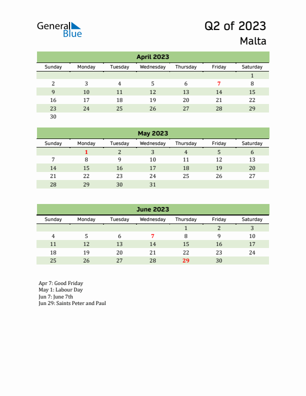 Quarterly Calendar 2023 with Malta Holidays