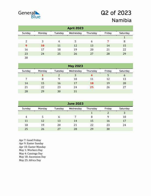 Quarterly Calendar 2023 with Namibia Holidays