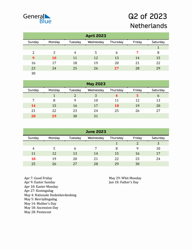 Quarterly Calendar 2023 with The Netherlands Holidays