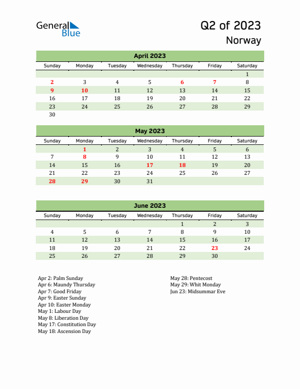 Quarterly Calendar 2023 with Norway Holidays