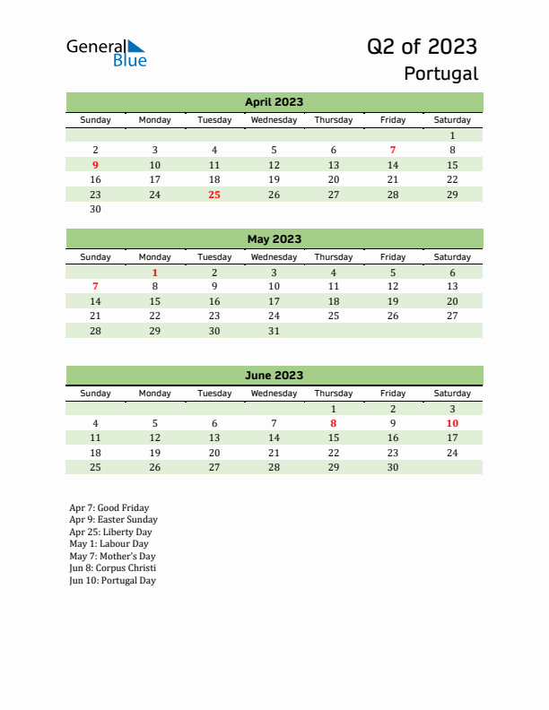 Quarterly Calendar 2023 with Portugal Holidays