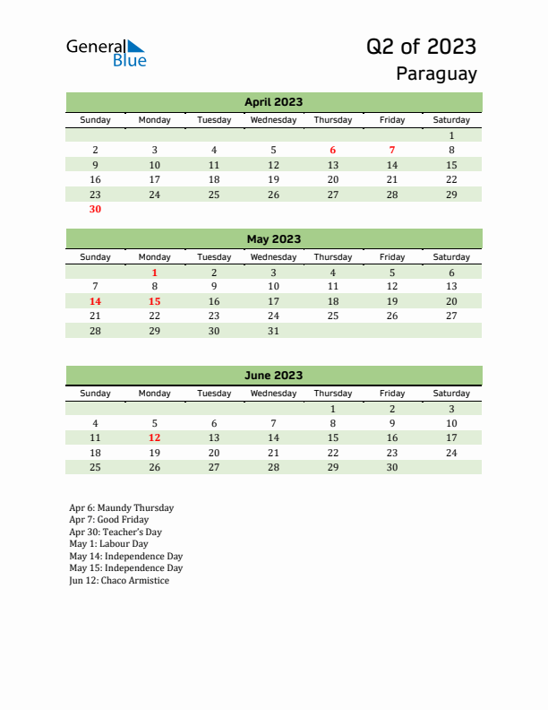 Quarterly Calendar 2023 with Paraguay Holidays