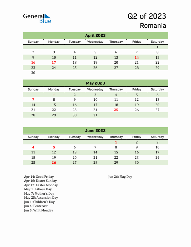 Quarterly Calendar 2023 with Romania Holidays