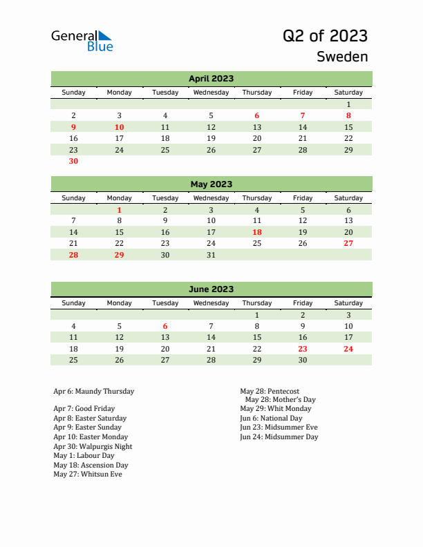 Quarterly Calendar 2023 with Sweden Holidays