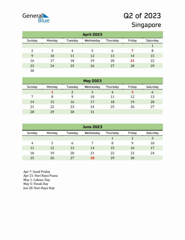 Quarterly Calendar 2023 with Singapore Holidays