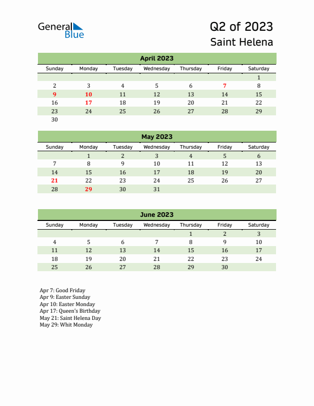 Quarterly Calendar 2023 with Saint Helena Holidays