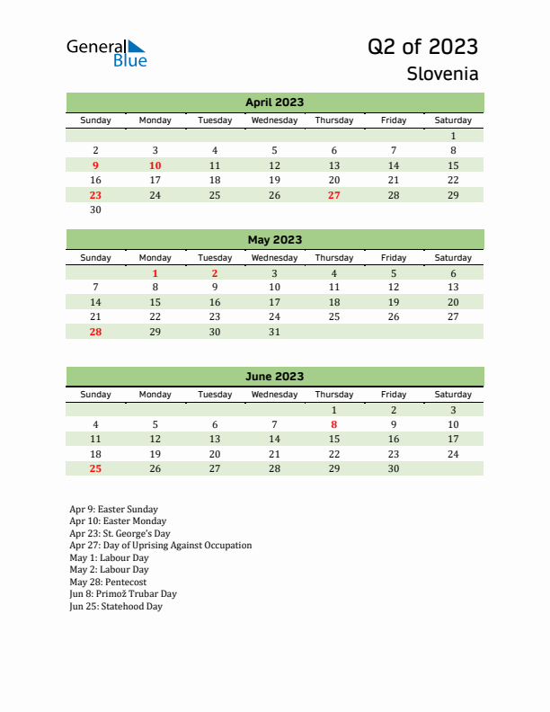 Quarterly Calendar 2023 with Slovenia Holidays