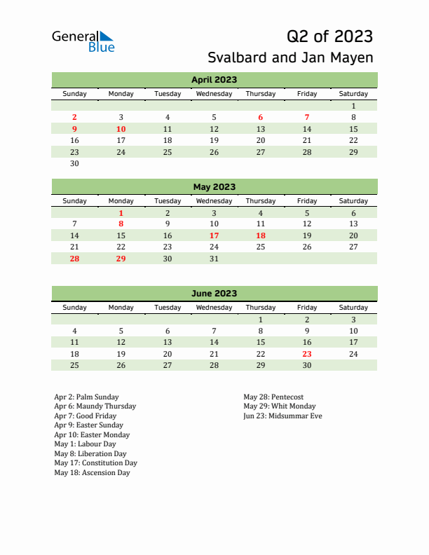 Quarterly Calendar 2023 with Svalbard and Jan Mayen Holidays