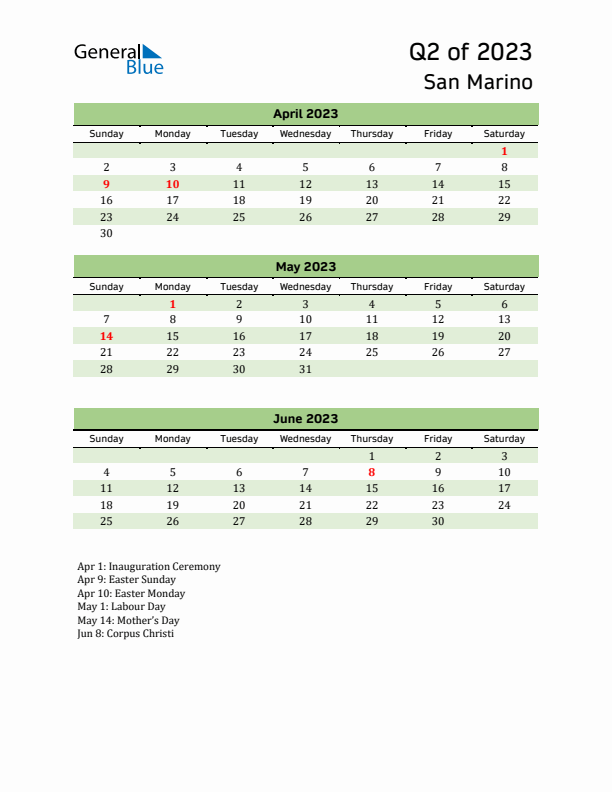 Quarterly Calendar 2023 with San Marino Holidays