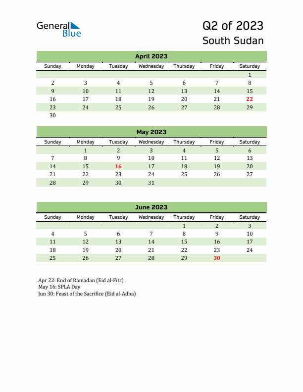 Quarterly Calendar 2023 with South Sudan Holidays