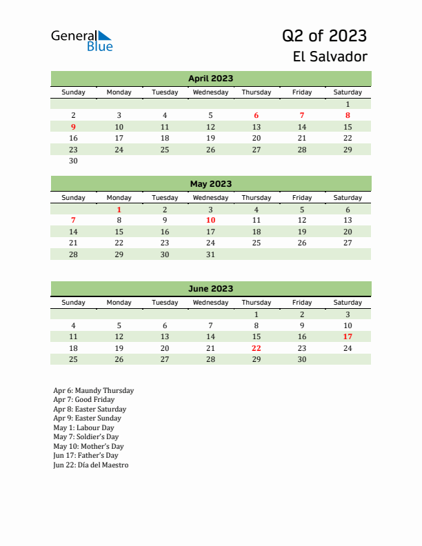 Quarterly Calendar 2023 with El Salvador Holidays