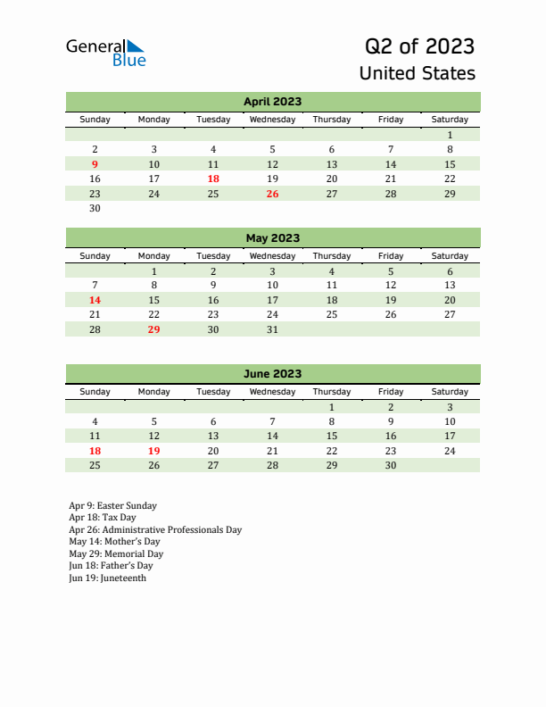 Quarterly Calendar 2023 with United States Holidays