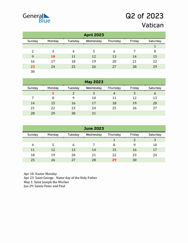 Quarterly Calendar 2023 with Vatican Holidays