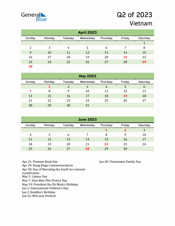 Quarterly Calendar 2023 with Vietnam Holidays