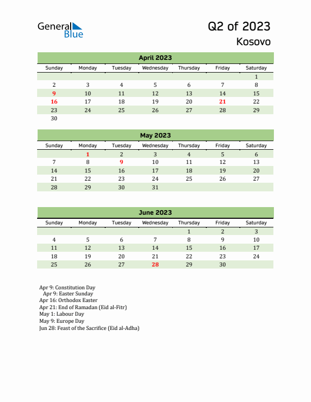 Quarterly Calendar 2023 with Kosovo Holidays