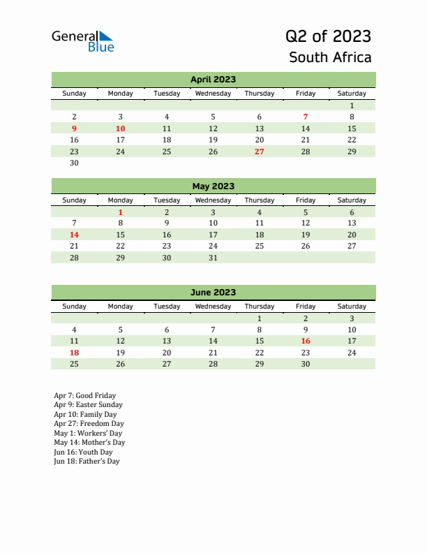 Quarterly Calendar 2023 with South Africa Holidays