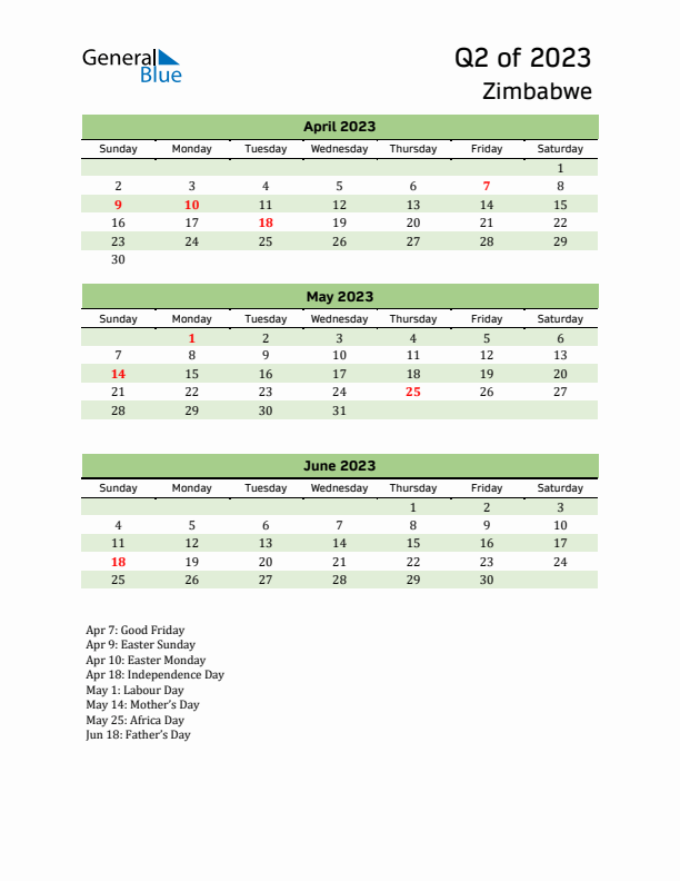 Quarterly Calendar 2023 with Zimbabwe Holidays