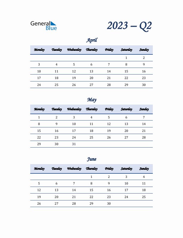 Monday Start 2023 Quarterly Calendar