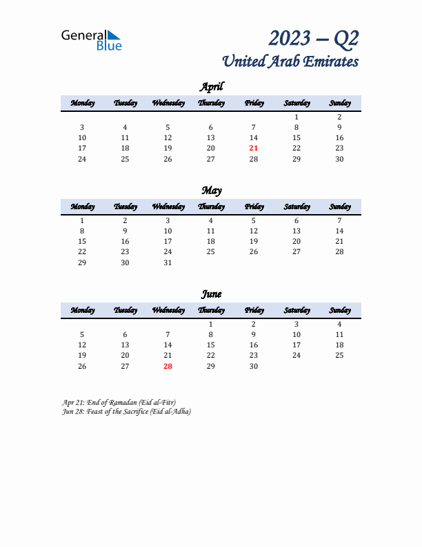 April, May, and June Calendar for United Arab Emirates with Monday Start