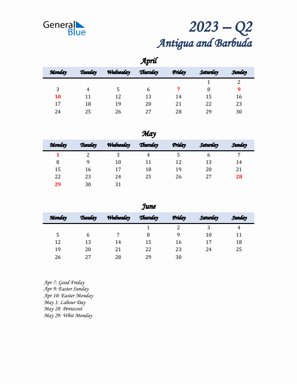 April, May, and June Calendar for Antigua and Barbuda with Monday Start